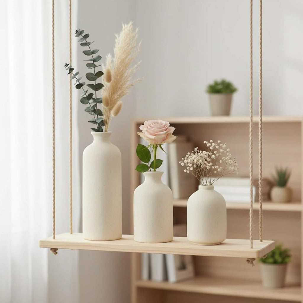Small Beige Ceramic Vase Set of 3,Modern Boho Farmhouse Flowers Vases