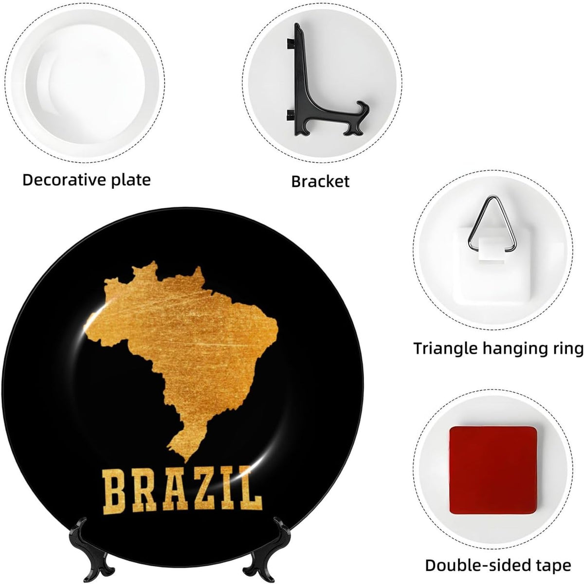 Bone China Decorative Plate with Display Stand, Brazil Brazilian Map Golden Emblem Round Ceramic Dinner Plate Art Crafts for Home Decor 7in