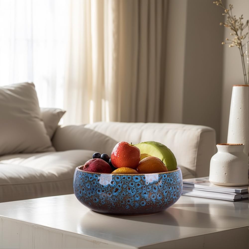 5.9“ Blue Ceramic Decorative Bowl – Pottery Key Bowl for Entryway Table, Candy Dish, Jewelry Trinket Dish, Fruit Bowl for Kitchen Counter, Rustic Blue Glazed Bowl for Home Decor