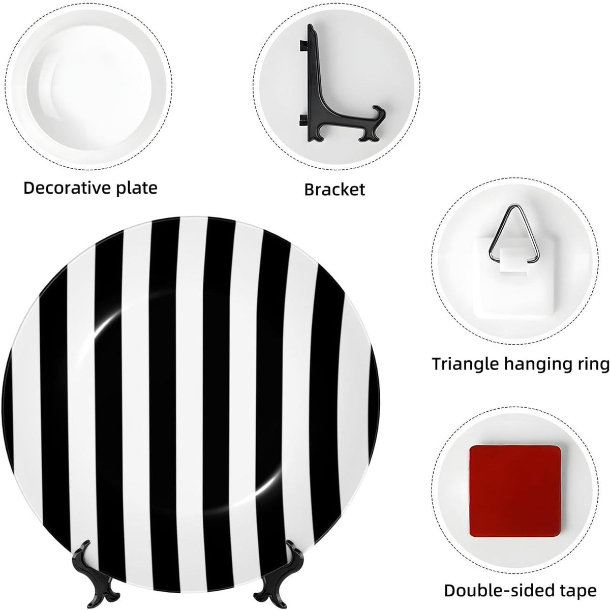 (Black & White Stripe) Bone China Decorative Plate with Stand and Hook Vintage 6in Round Ornament for Shelf Desk Wall Display Home Office Accent