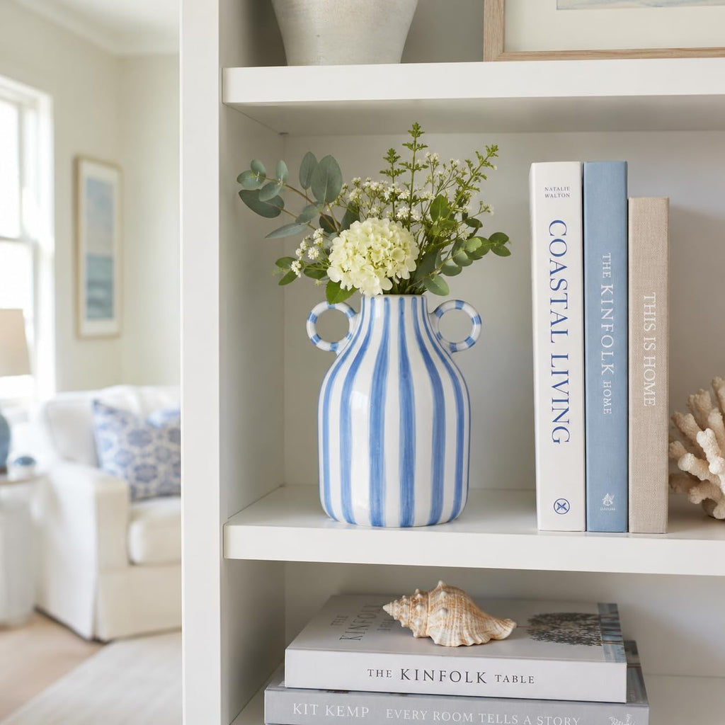 Blue and White Ceramic Vase with Handle, Nordic Boho Small Vases Side Table Flower Centerpiece, Wide Mouth Single Flower Vase Pampas Grass Decorative - for Home Window Sill Living Dining Room Kitchen