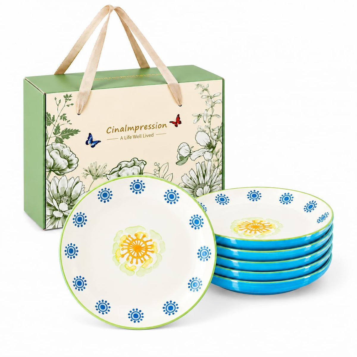 UniqueLife CINAIMPRESSION Hand Painted Ceramic Plates Set of 6, 6 Inch Mixed Design Dessert Plates