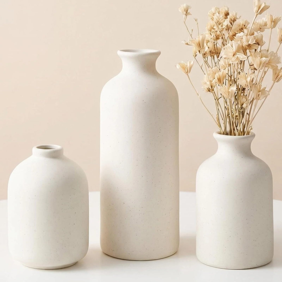 Small Beige Ceramic Vase Set of 3,Modern Boho Farmhouse Flowers Vases