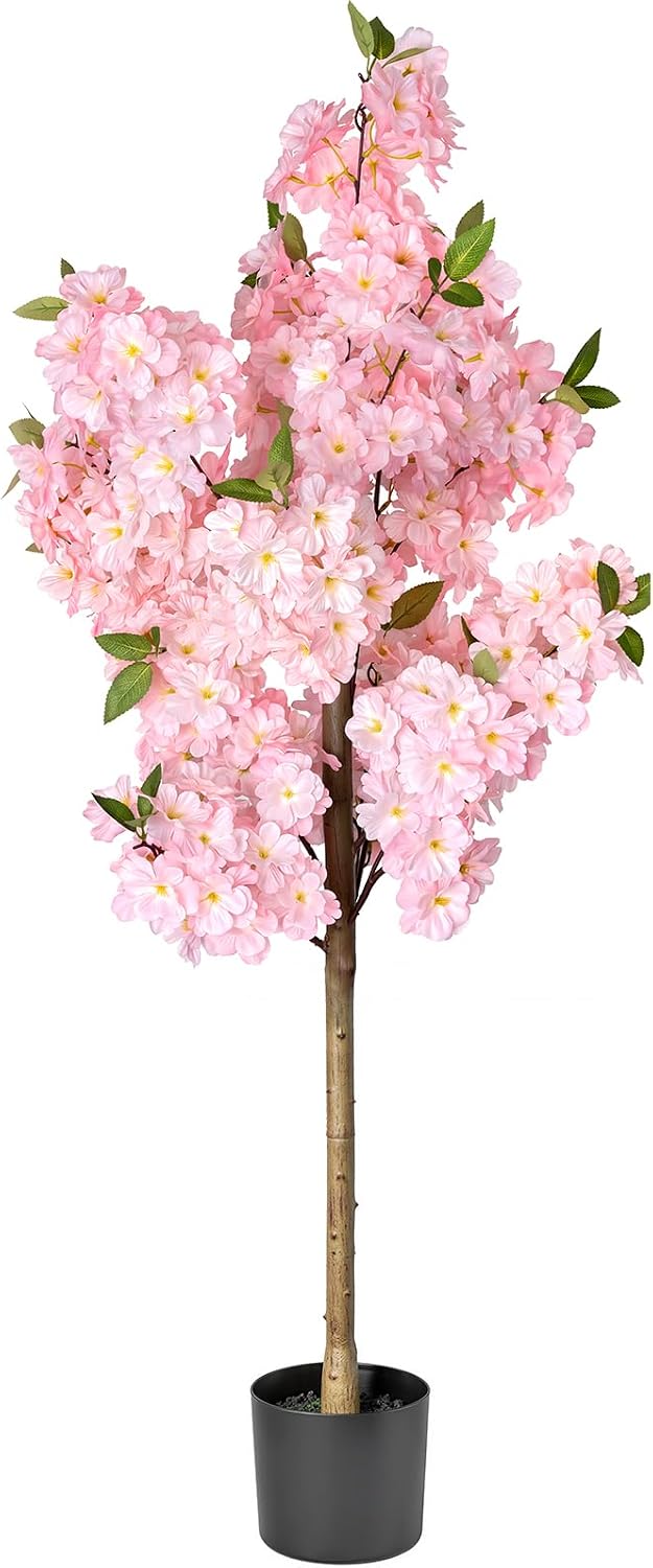 Cherry Blossom Tree 4FT Artificial Plants Indoor - Reinforced Spiral Connection Base & Anti-Shedding Silk Sakura Flowers, Faux Pink Tree for Living Room Home Office Bedroom Decor