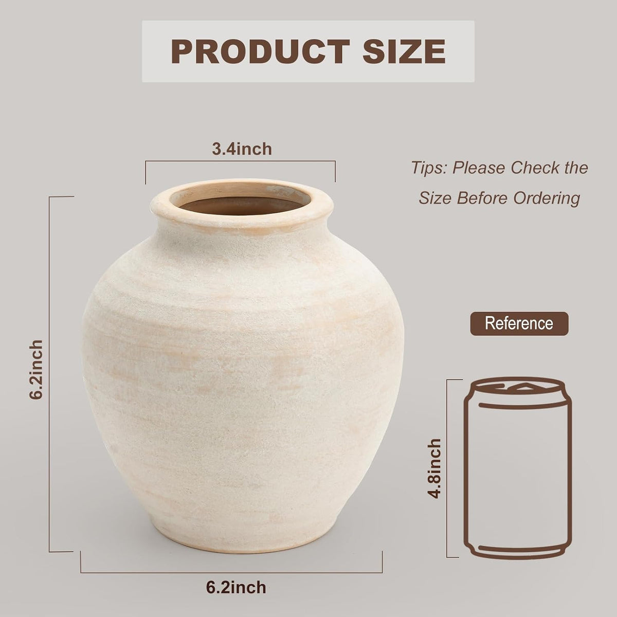Ceramic Flower Vase Home Decor, 6.2 inch Farmhouse Rustic Vintage Decorative Vases, Pottery Terracotta Boho Flowers Vases for Dining Table, Living Room, Shelf, Kitchen, Bedroom (6.2"-White)