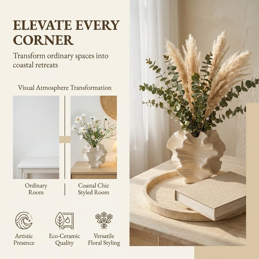 Cream Ceramic Vase, Modern Sculptural Vase with Coral Inspired Design