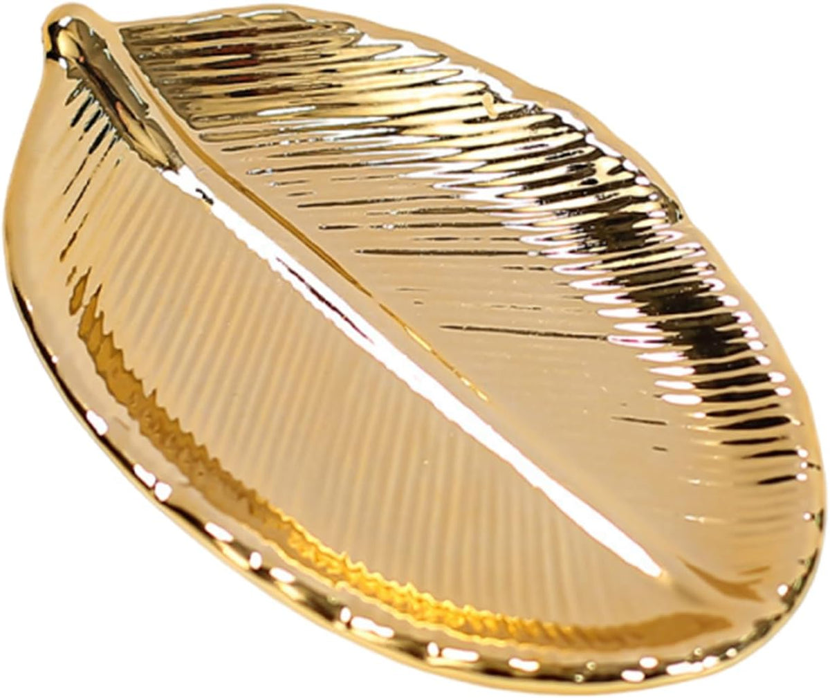 Trinket Dish Decorative Bowl - Jewelry Dish Tray Golden Leaf Shaped Ceramic Ring Bracelet Necklace Holder for Birthday Party Wedding Womens Ladies Girls Small