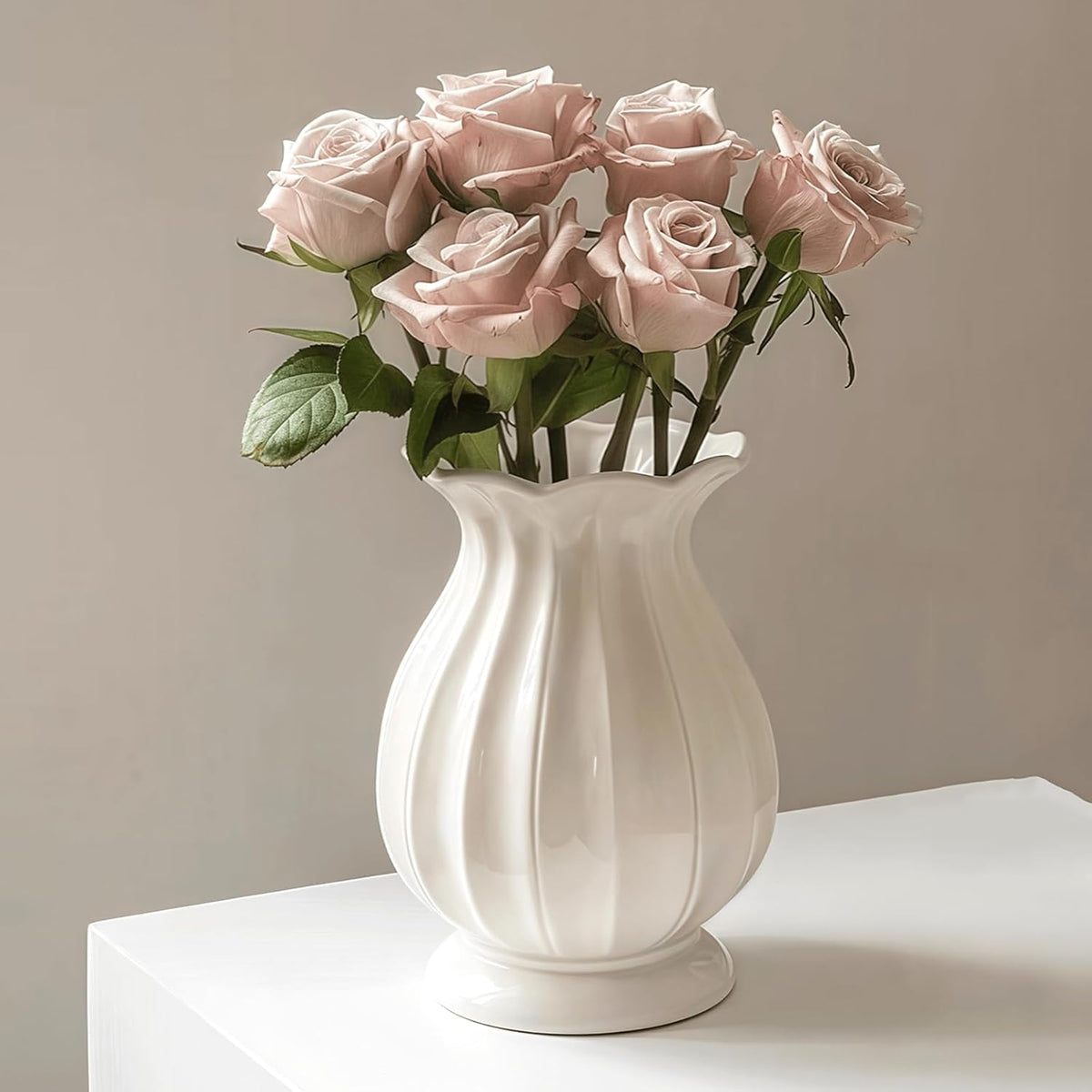 White Ceramic Flower Vase for Modern Home Décor, 7.5 Inch