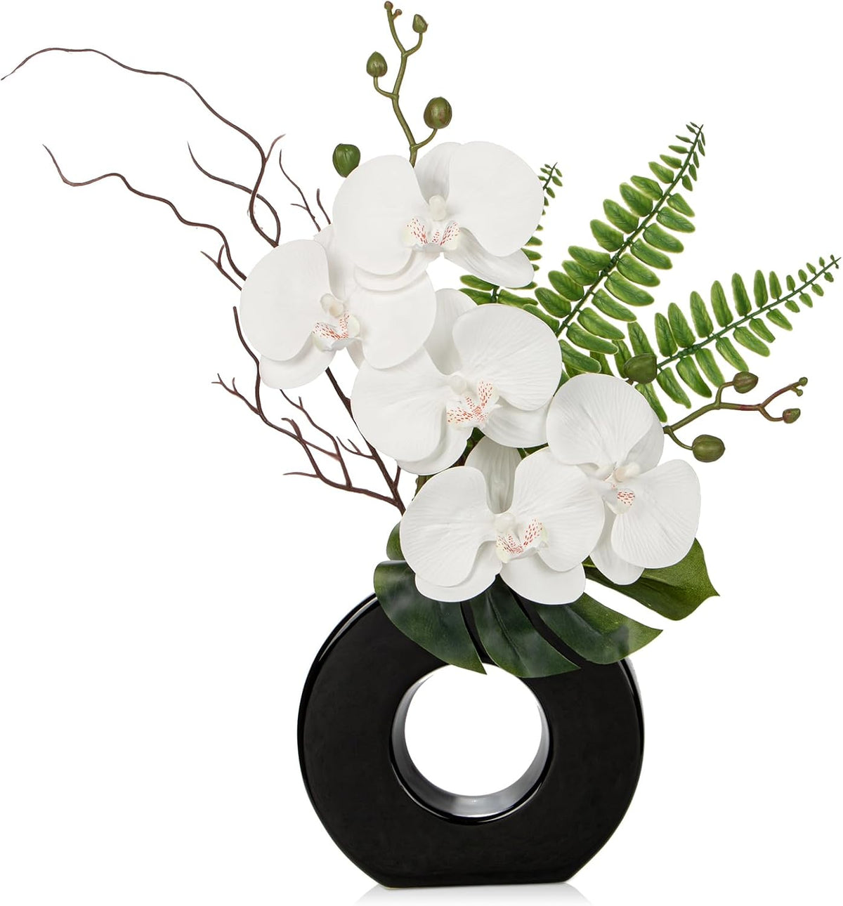 Briful 16.1" Orchid Artificial Flowers in Black Ceramic Vase, White
