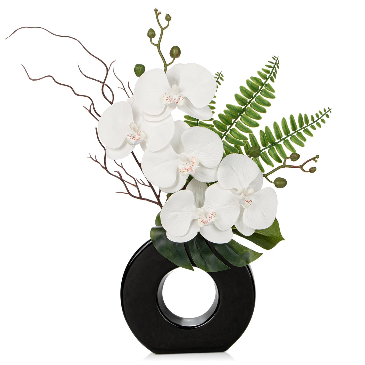 Briful 16.1" Orchid Artificial Flowers in Black Ceramic Vase, White