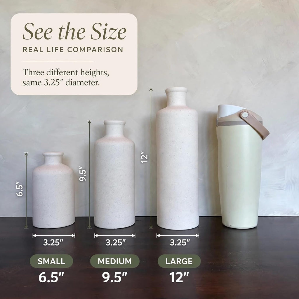 Tall Off-White Ceramic Vase Set of 3- Modern Farmhouse Decor Vases for Living Room, Coffee Table & Shelf Styling - Minimalist Neutral Decorative Flower Vases, Elegant Home Accent Gift