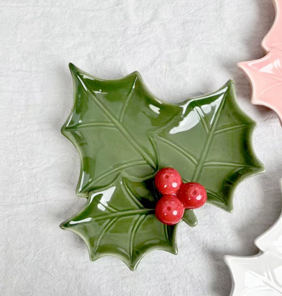 Christmas Holly Leaf Ceramic Trinket Dish, Green Leaf Tray with Red Berry Decor, Small Decorative Plate for Jewelry Snack Tabletop Home Xmas Decoration Gift