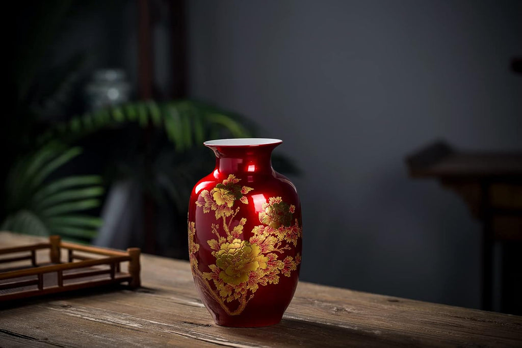Red Vase Oriental Ceramic Flower Vases Tall 9"