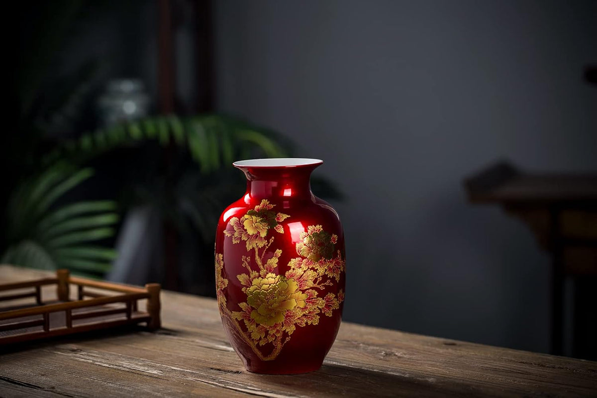 Red Vase Oriental Ceramic Flower Vases Tall 9"