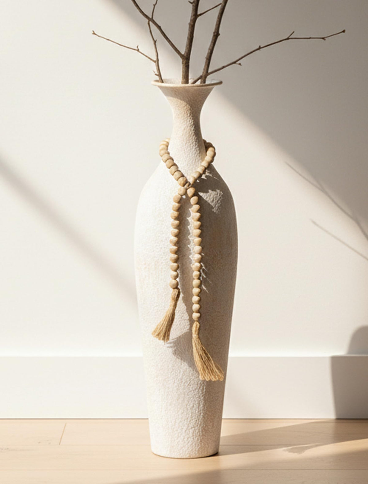 Sziqiqi Metal Tall Floor Vase, Large Boho Vase with Bead for Pampas Grass