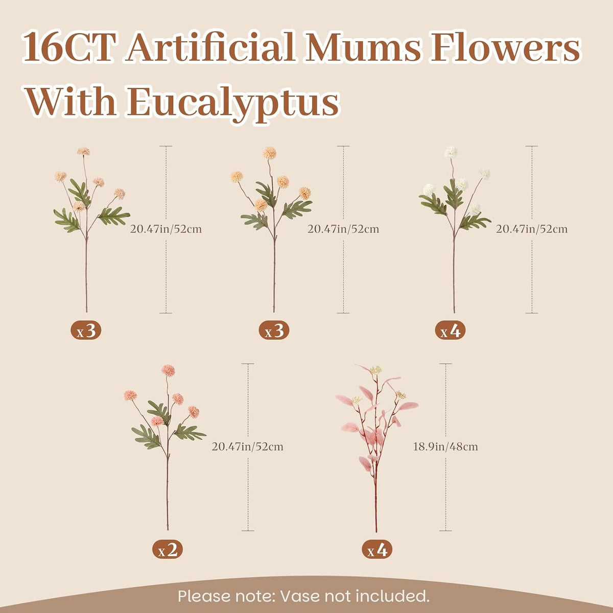Alupssuc 16 Pcs Faux Silk Mums with Eucalyptus, Fake Chrysanthemum for Vase