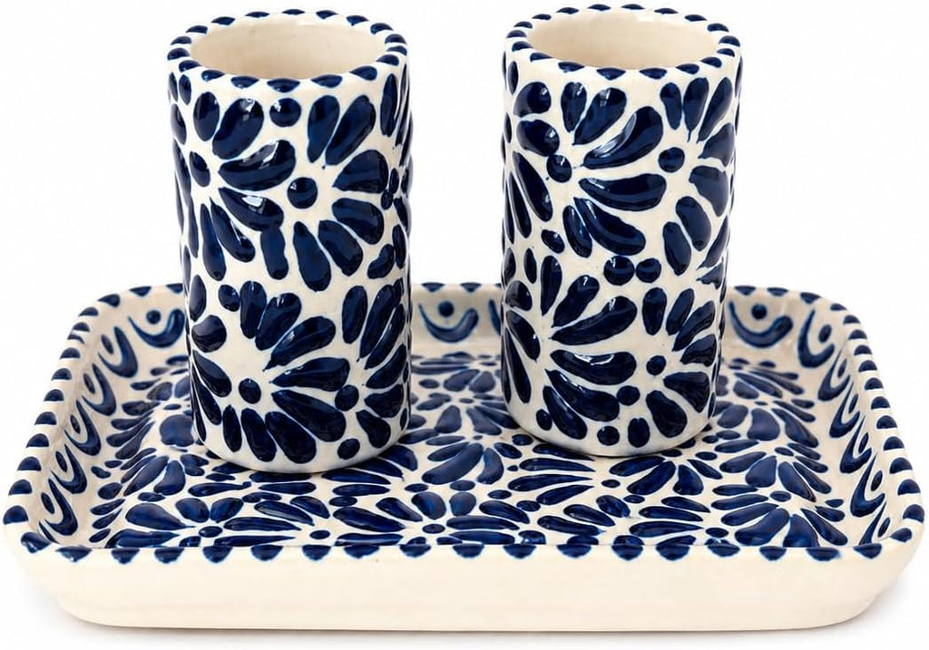 Handmade Mexican Talavera Artisan Decorative Set – 4-Piece Ceramic Ritual Bundle with Plate, 2 Caballito Style Cups & Mezcalero Bowl, Traditional Puebla Pottery, Rustic Bar Display Gift