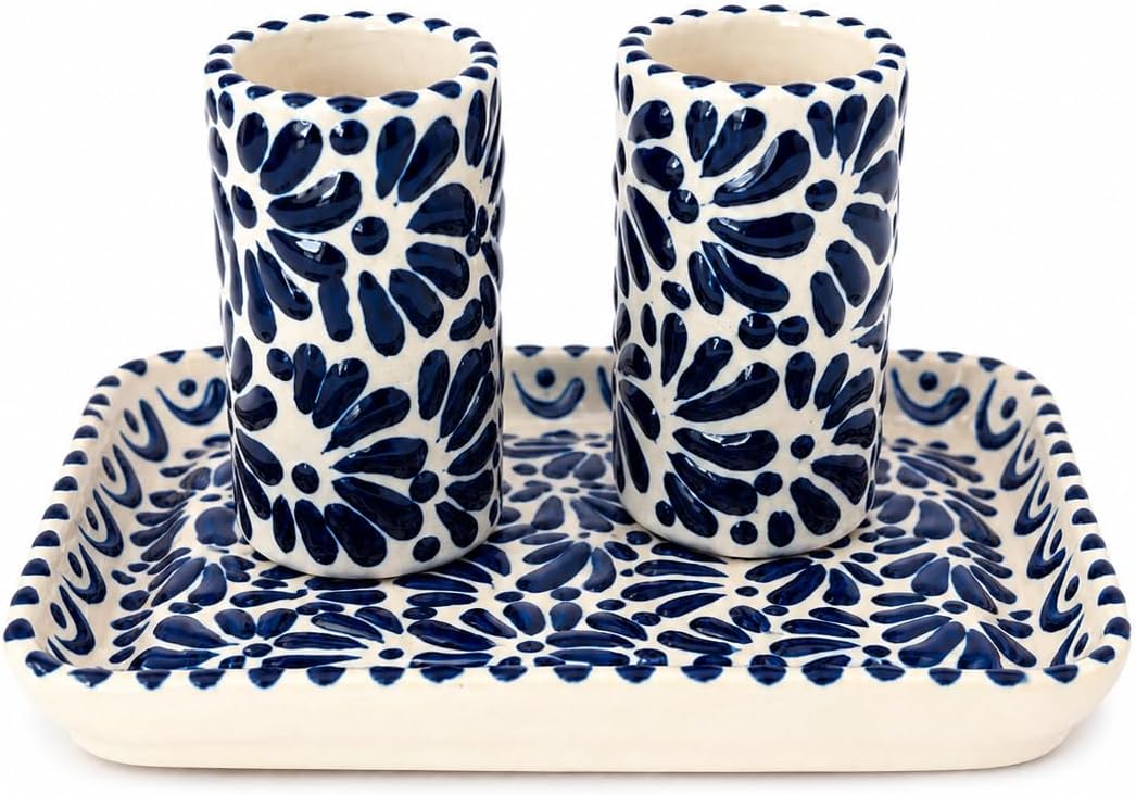 Handmade Mexican Talavera Artisan Decorative Set – 4-Piece Ceramic Ritual Bundle with Plate, 2 Caballito Style Cups & Mezcalero Bowl, Traditional Puebla Pottery, Rustic Bar Display Gift