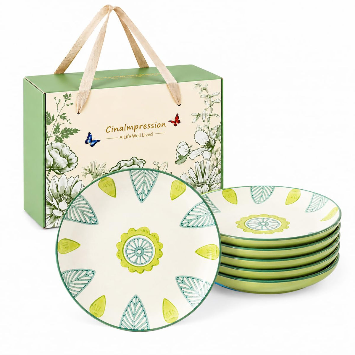 UniqueLife CINAIMPRESSION Hand Painted Ceramic Plates Set of 6, 6 Inch Mixed Design Dessert Plates