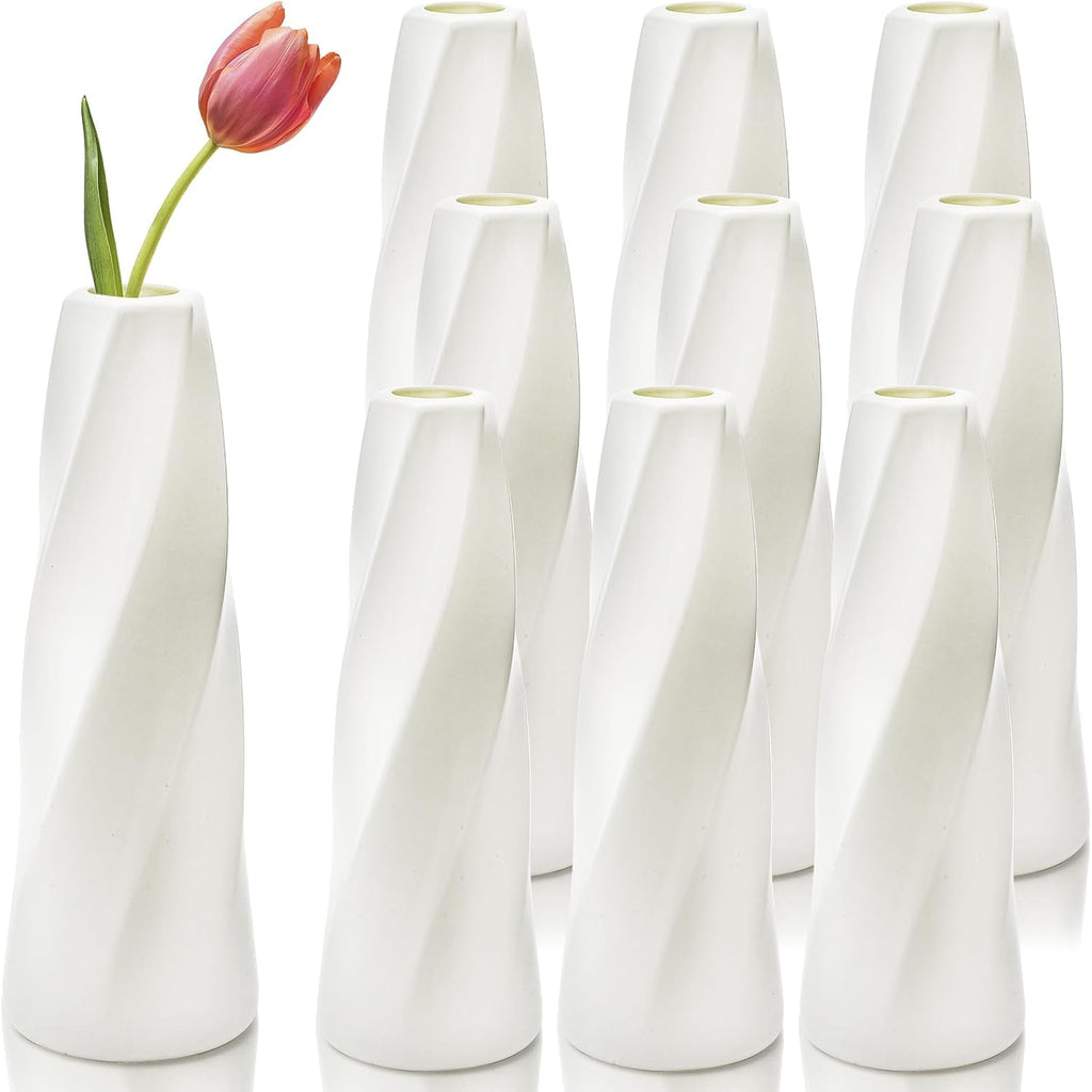 10 Pack Composite Plastic Flower Vase Bulk, 8" Warm Ivory Modern Style Vases for Centerpieces, Small Unbreakable Bud Vase, Conic Floral Vase for Bouquet Home Decor Wedding Party Dinner Table