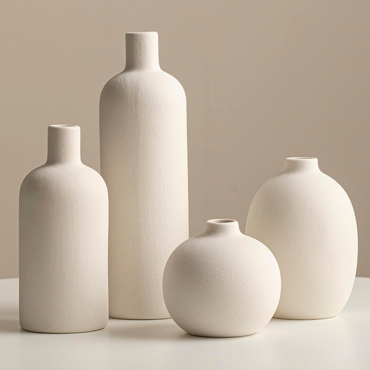 Modern Ceramic Vase Set, Neutral Colors, Decorative Vases for Home Decor, 4 Piece Collection (Beige)