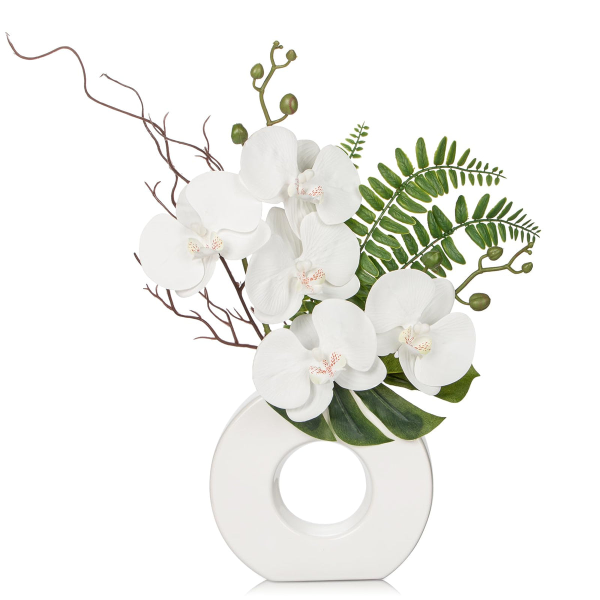 Briful 16.1" Orchid Artificial Flowers in Black Ceramic Vase, White