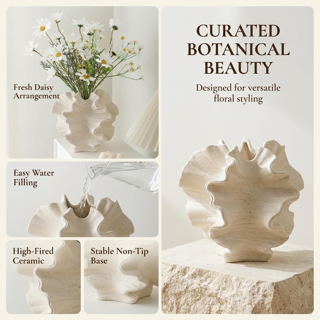 Cream Ceramic Vase, Modern Sculptural Vase with Coral Inspired Design