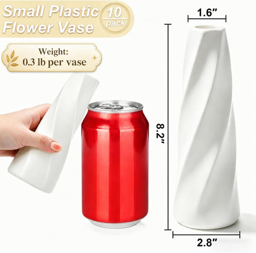 10 Pack Composite Plastic Flower Vase Bulk, 8" Warm Ivory Modern Style Vases for Centerpieces, Small Unbreakable Bud Vase, Conic Floral Vase for Bouquet Home Decor Wedding Party Dinner Table