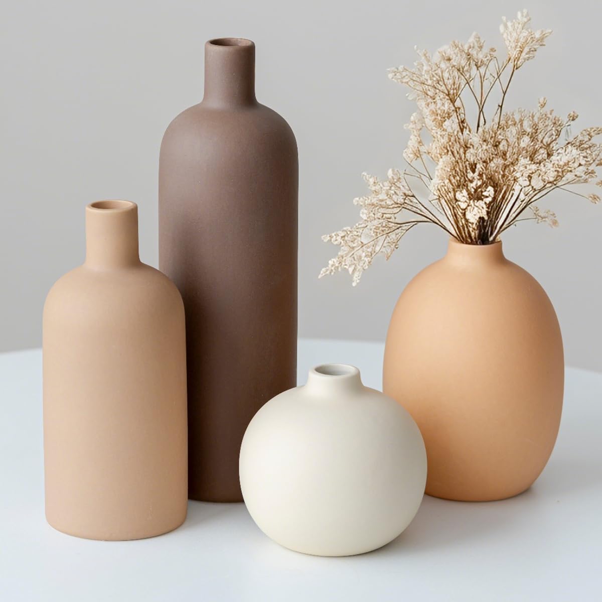 Modern Ceramic Vase Set, Neutral Colors, Decorative Vases for Home Decor, 4 Piece Collection (Beige)