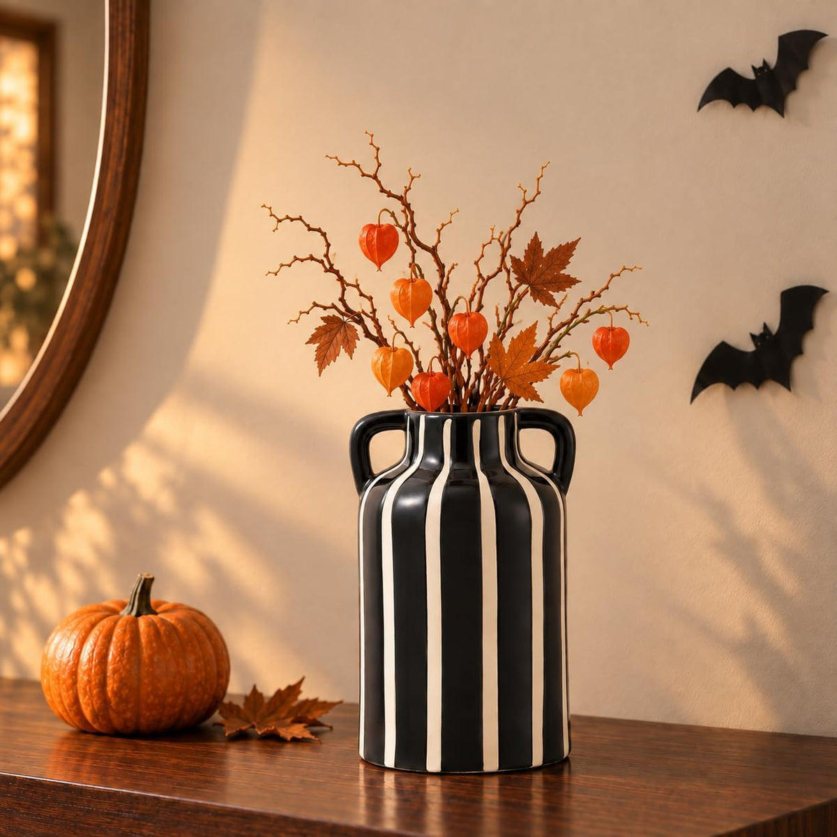 SURE YUESI Black Ceramic Vase with Handles, 9.1 Inch Striped Flower Vase for Halloween Decor, Modern Farmhouse Vase for Pampas Grass, Shelf Decor, Dining Table Centerpiece