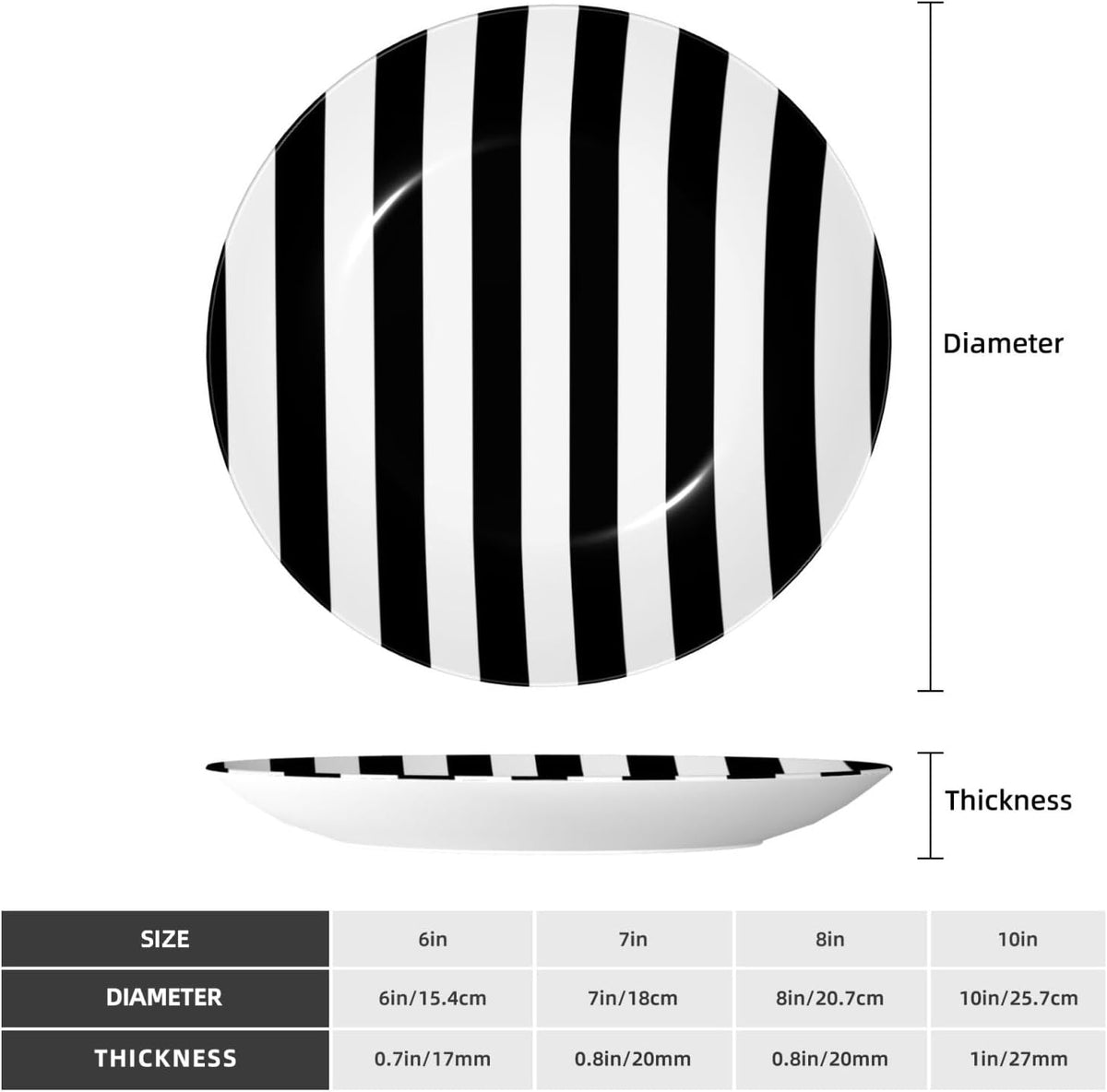 (Black & White Stripe) Bone China Decorative Plate with Stand and Hook Vintage 6in Round Ornament for Shelf Desk Wall Display Home Office Accent