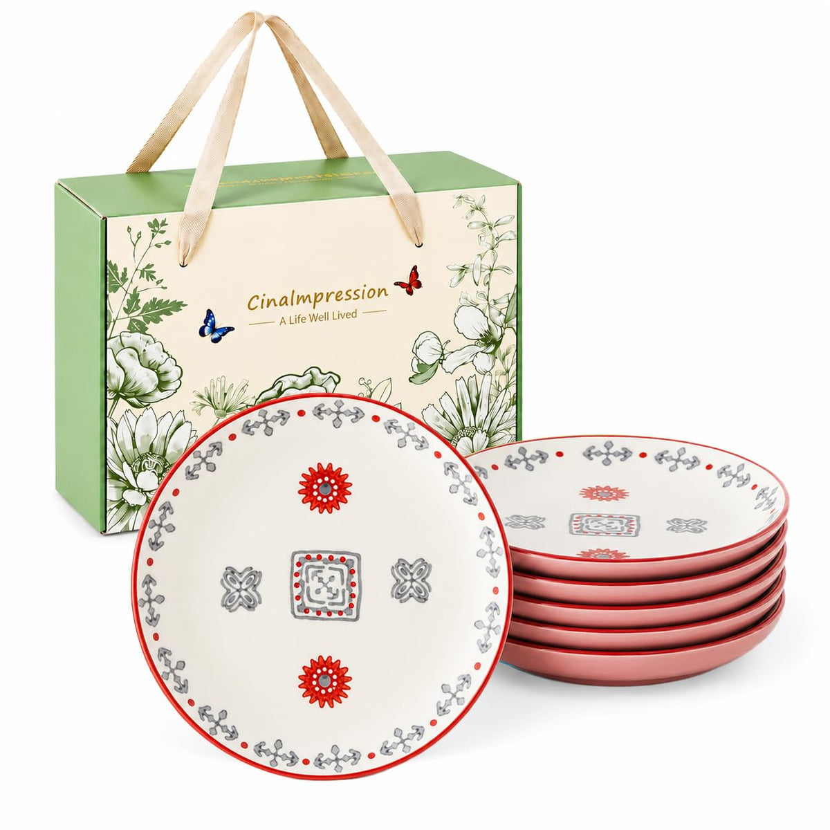 UniqueLife CINAIMPRESSION Hand Painted Ceramic Plates Set of 6, 6 Inch Mixed Design Dessert Plates