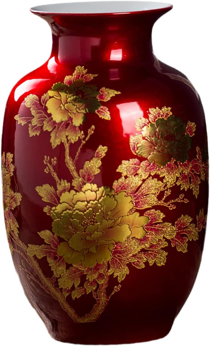 Red Vase Oriental Ceramic Flower Vases Tall 9"