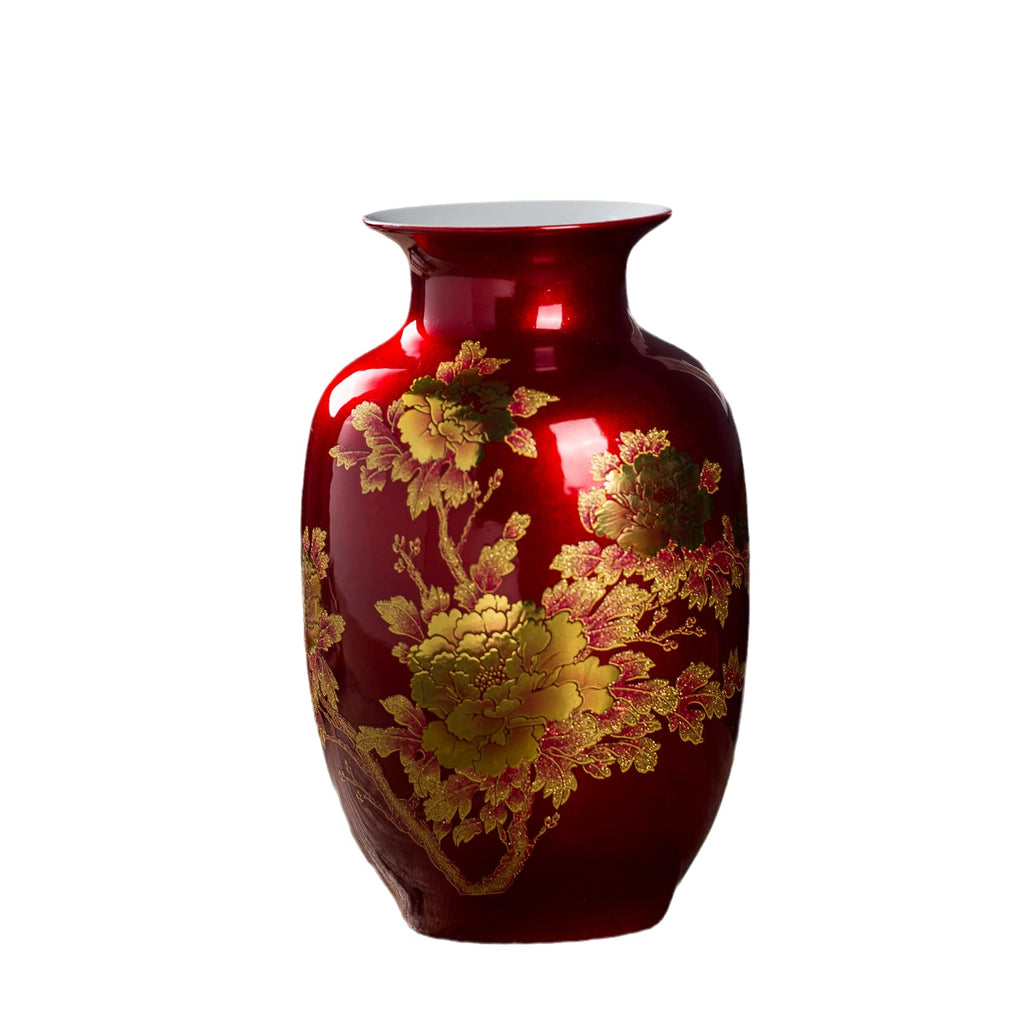 Red Vase Oriental Ceramic Flower Vases Tall 9"