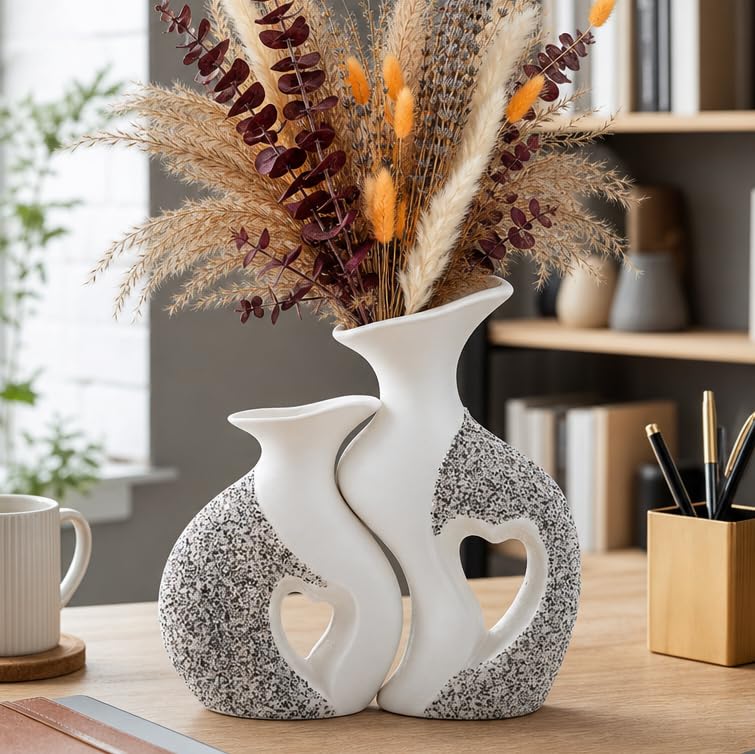 Ceramic Vase Set of 2, Heart Vases for Home Decor, Wedding Gift for Couples