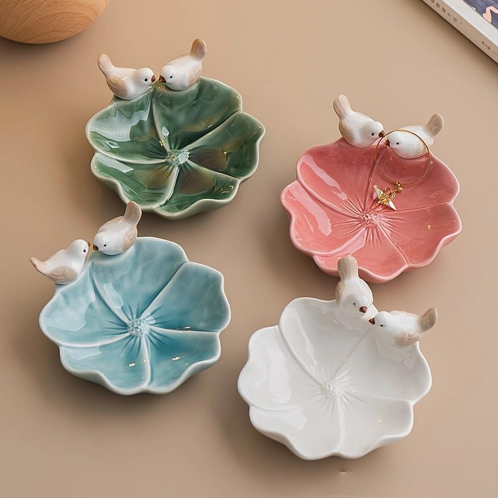 Lotus Leaf Bird Ceramic Jewelry Dish, Ring Tray for Women (Red)