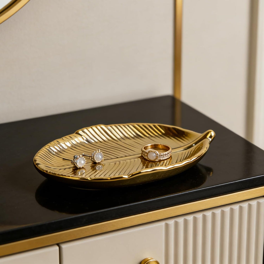 Trinket Dish Decorative Bowl - Jewelry Dish Tray Golden Leaf Shaped Ceramic Ring Bracelet Necklace Holder for Birthday Party Wedding Womens Ladies Girls Small