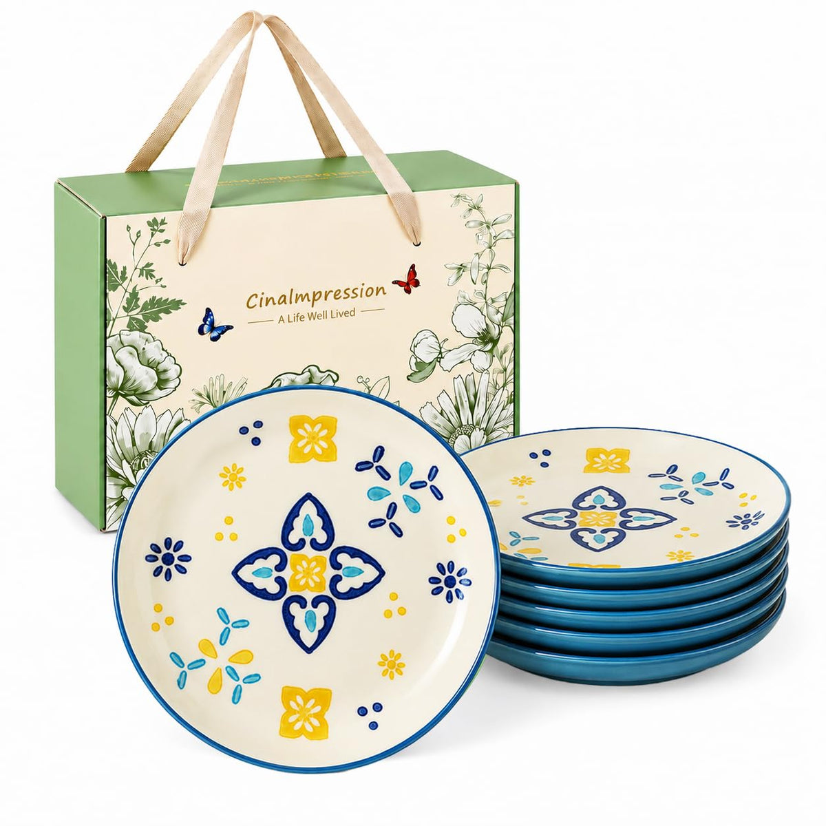 UniqueLife CINAIMPRESSION Hand Painted Ceramic Plates Set of 6, 6 Inch Mixed Design Dessert Plates