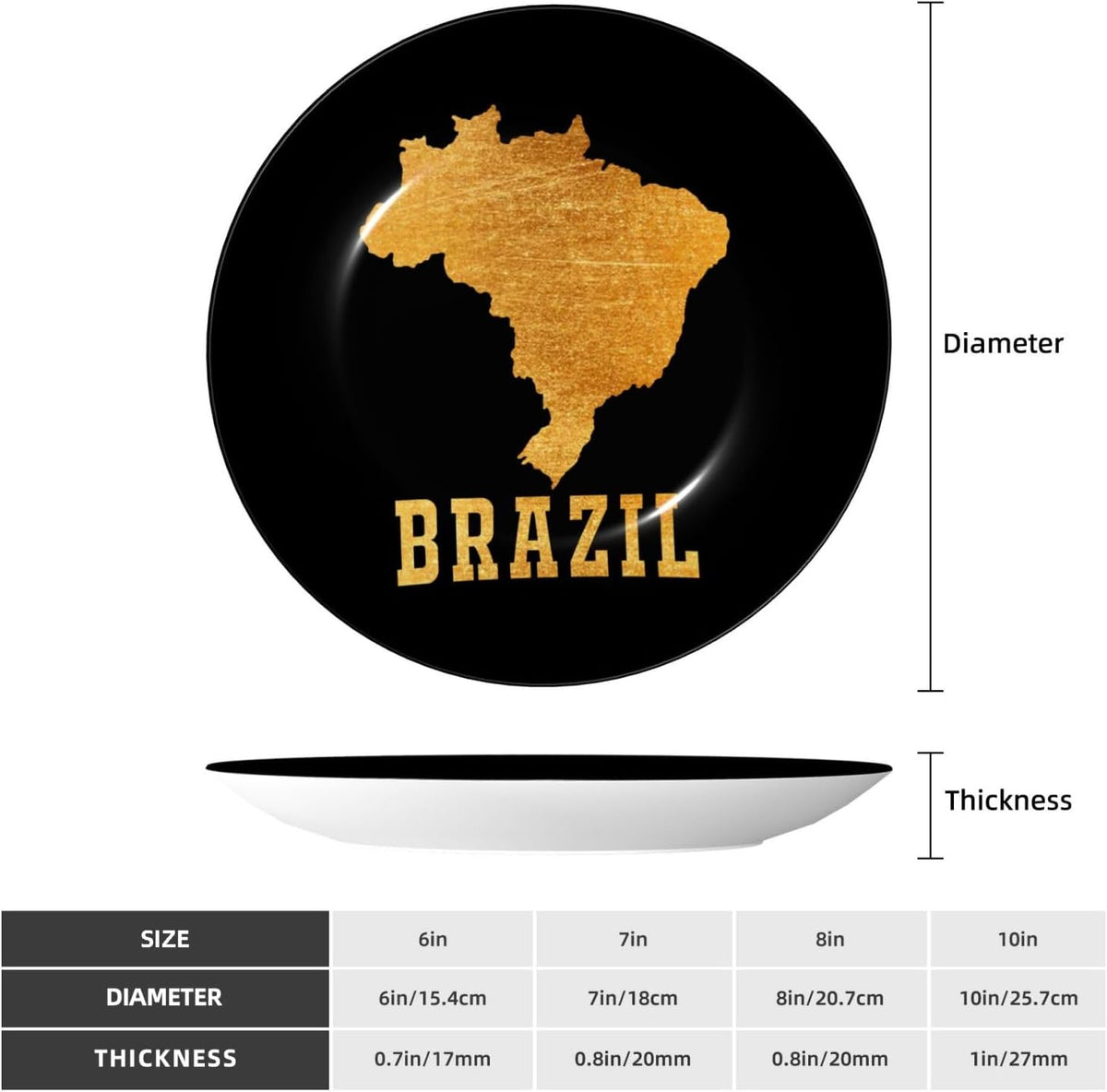 Bone China Decorative Plate with Display Stand, Brazil Brazilian Map Golden Emblem Round Ceramic Dinner Plate Art Crafts for Home Decor 7in