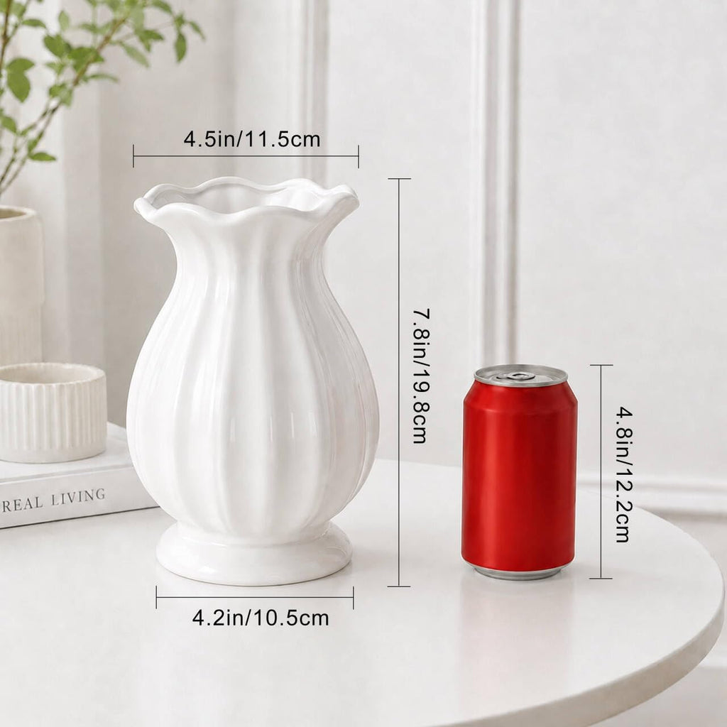 White Ceramic Vase, 7.8 Inch Farmhouse Flower Vase for Home Decor