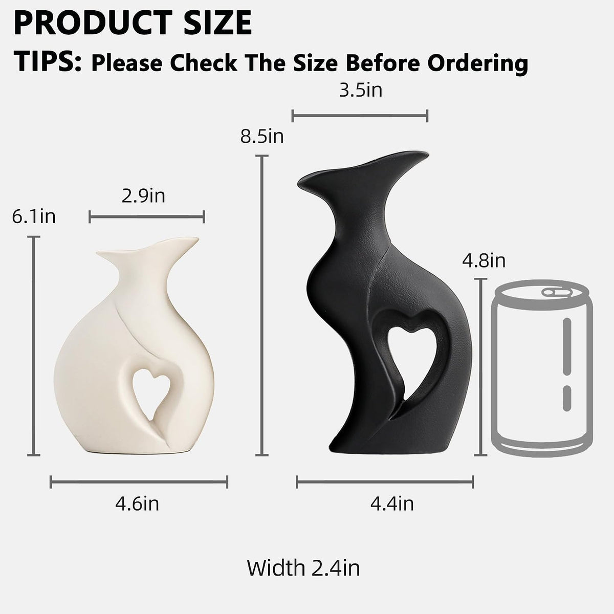 Black and White Vases Home Decor Heart Shape Ceramic Vase Set of 2
