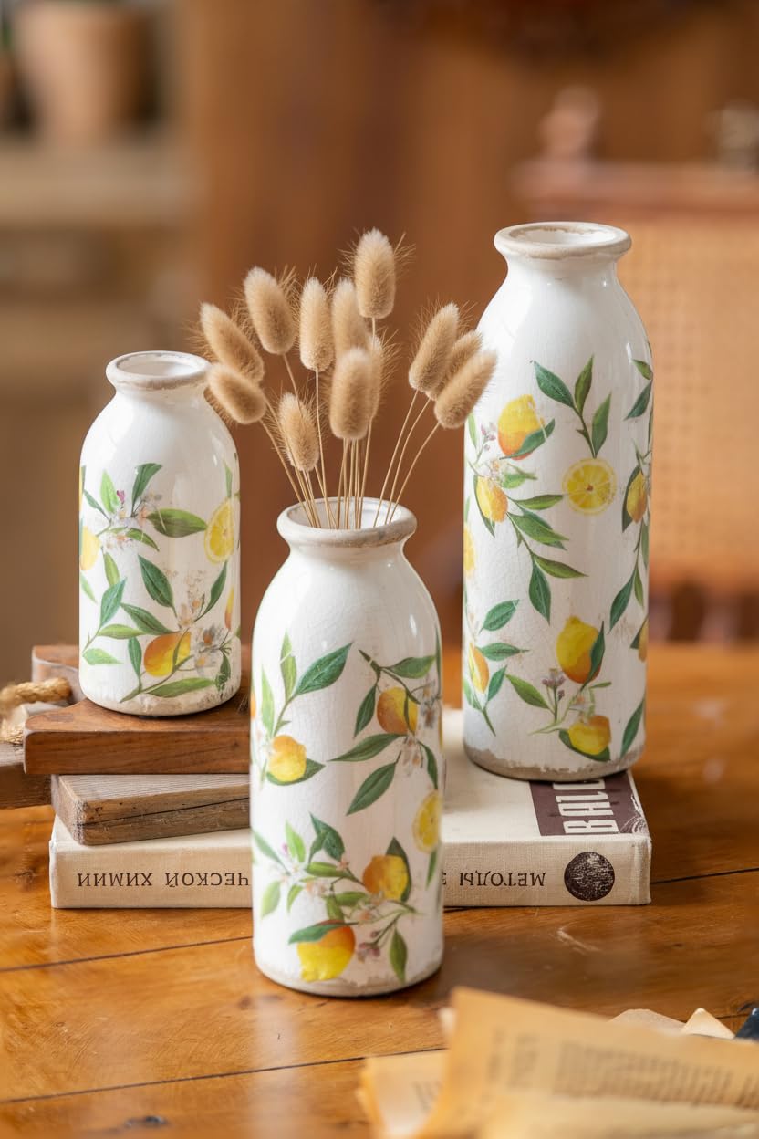 Teweiqi Vintage Vase Set of 3, Ceramic Flower Vases Chinoiserie Decor, Rustic Farmhouse Vases Retro Decorative Vases, for Home Living Room Kitchen Table Mantle Shelf Decor - Green and White