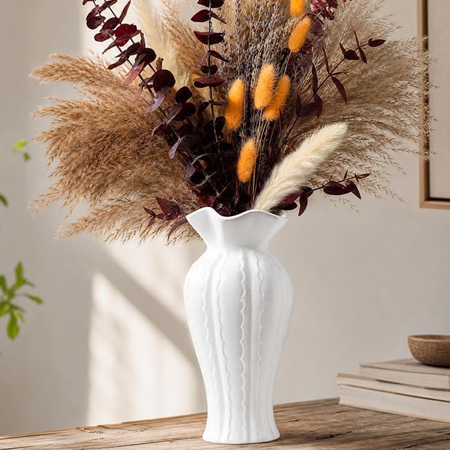 White Ceramic Vase for Flowers, 10 Inch Ruffled Vase for Home Decor Gift