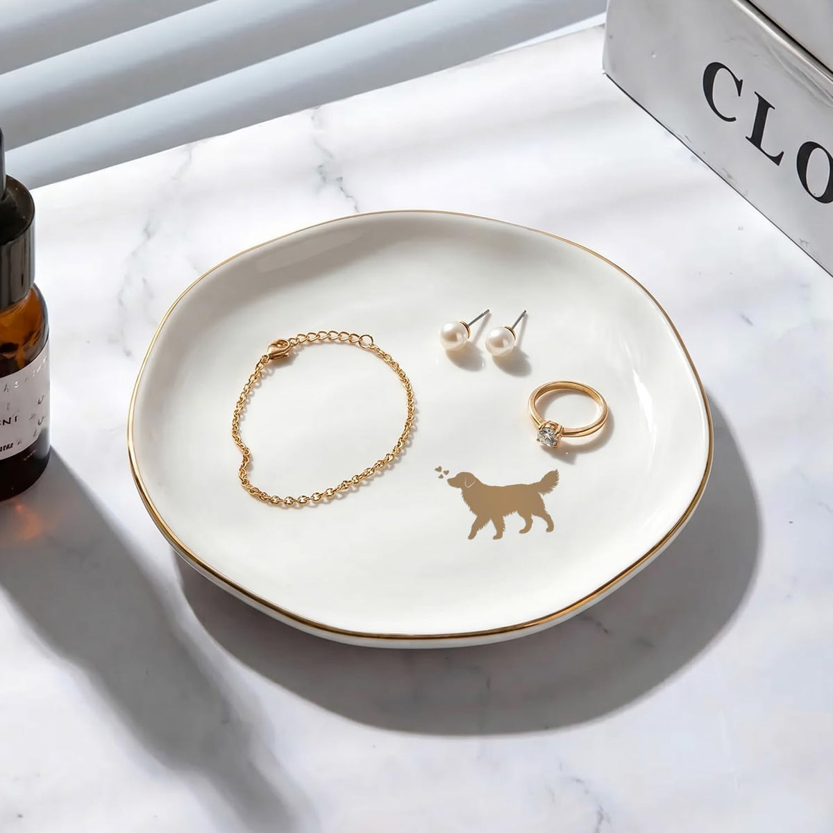 Golden Retriever Jewelry Dish Tray for Dog Lover,Ceramic Trinket Tray, Key Bowl, Decorative Plate 4.7 in