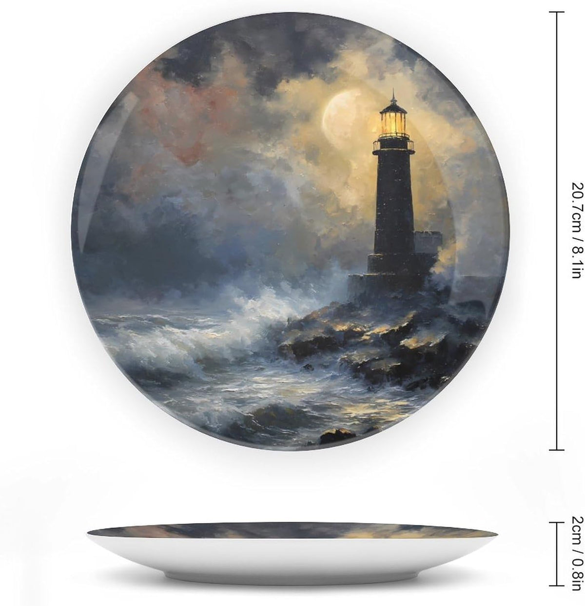 Night Lighthouse Waves Moon Modern Bone China Decorative Plates with Display Stand Ceramic Crafts