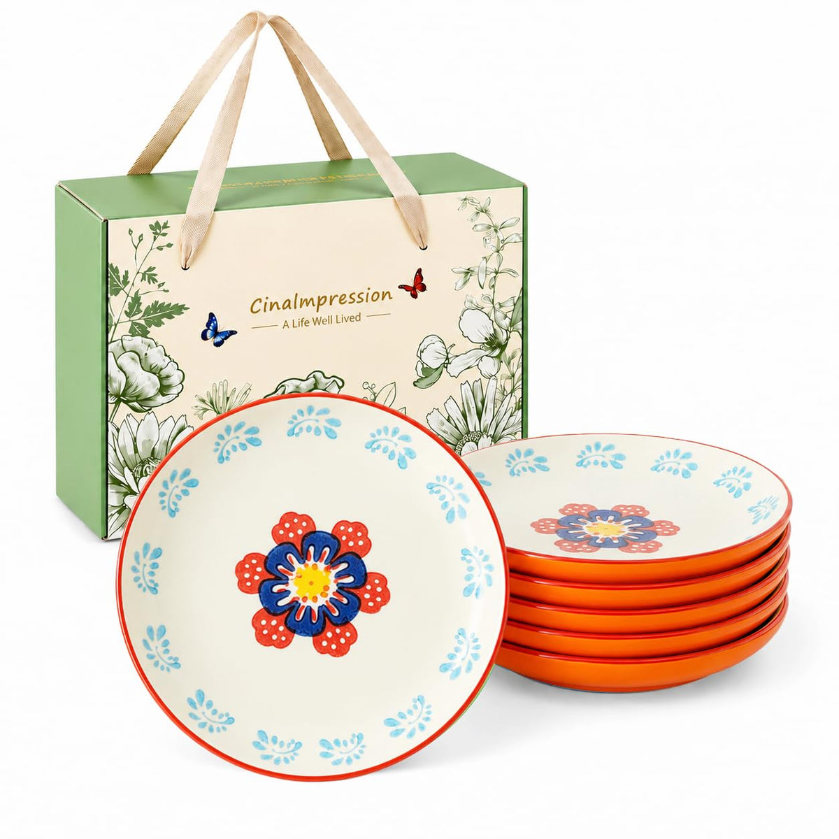 UniqueLife CINAIMPRESSION Hand Painted Ceramic Plates Set of 6, 6 Inch Mixed Design Dessert Plates