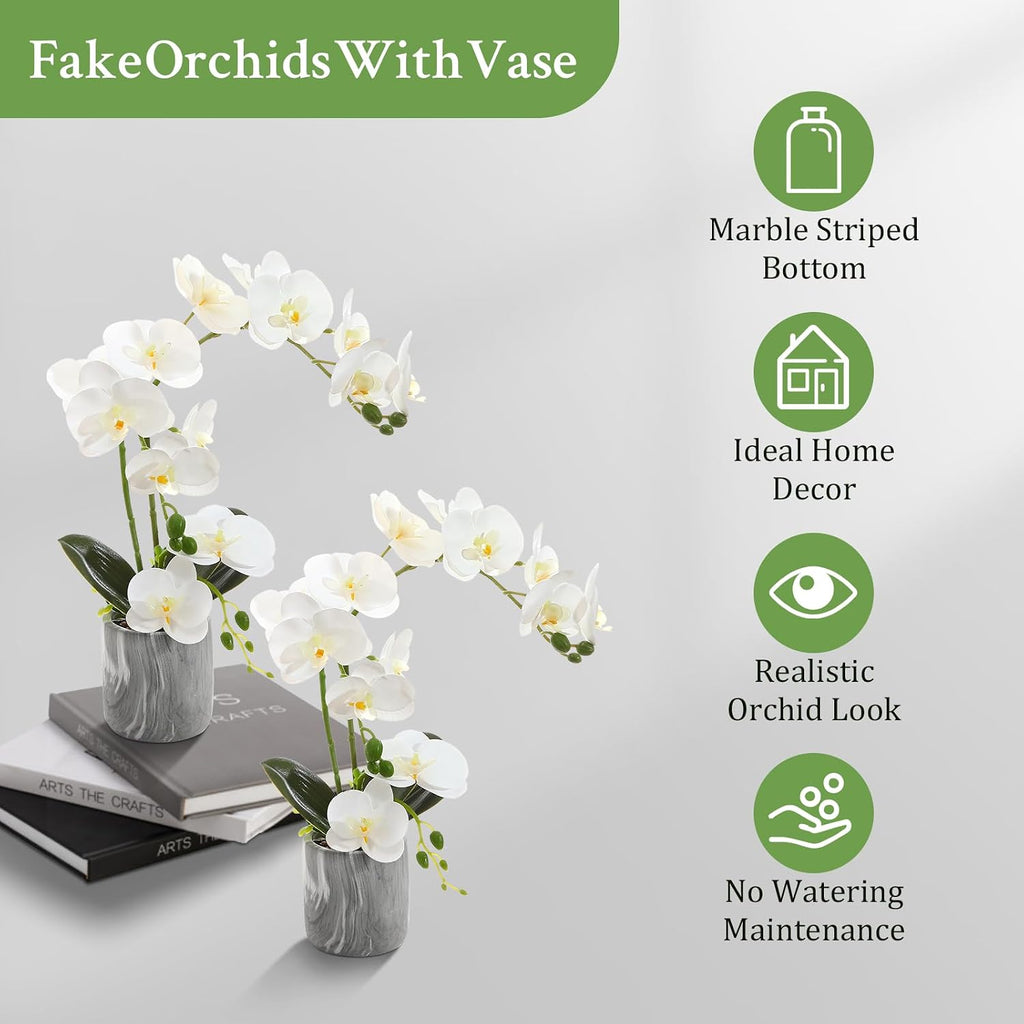 White Fake Orchids Flowers in Pot Bendable Faux Orchids Artificial Flowers Washable Silk Orchid Phalaenopsis Decor for Home Wedding Table Centerpiece Bathroom Office