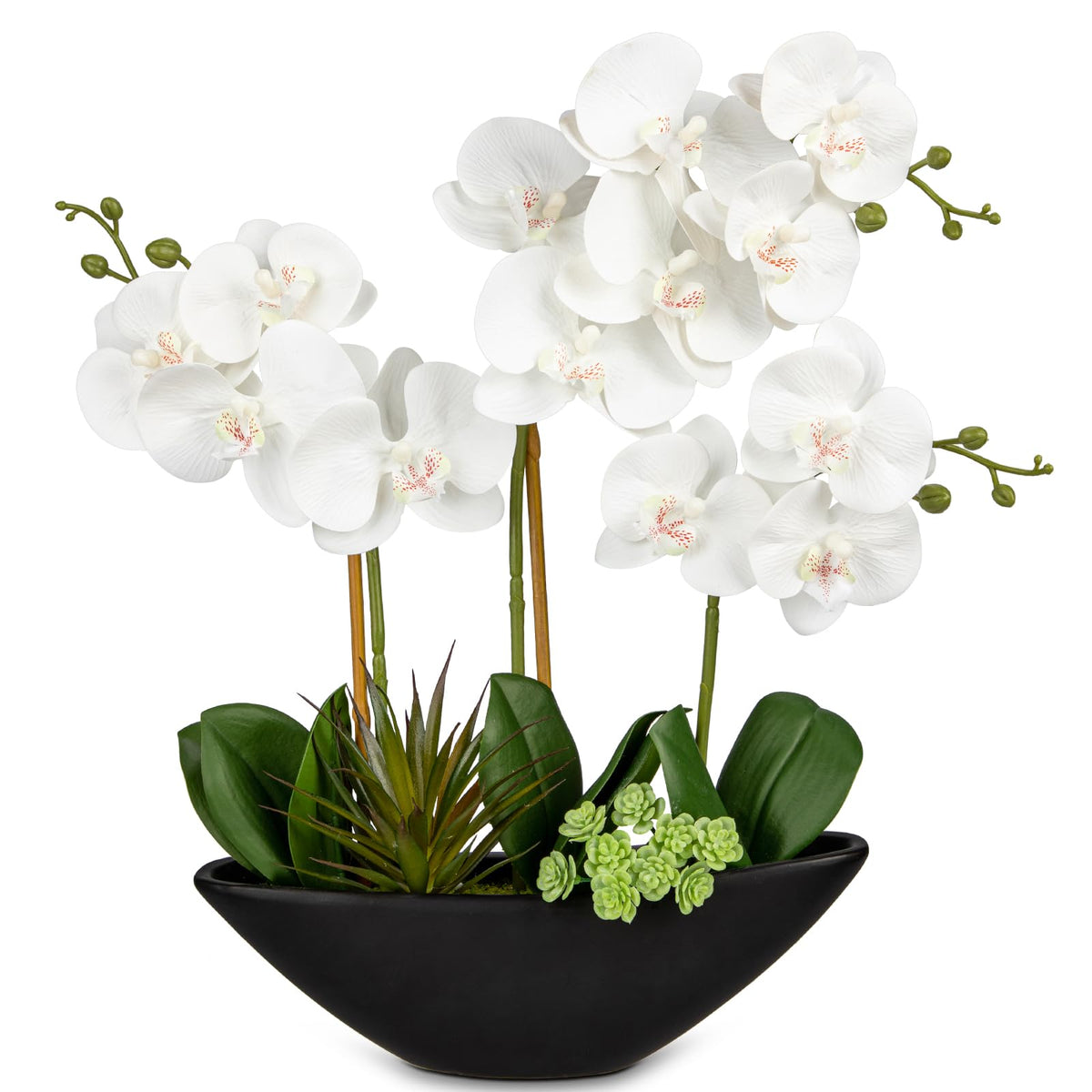 Briful Orchid Artificial Flowers 18in White Fake Orchid Silk Flowers with Ceramic Pot Faux Orchid Arrangement for Home Office Room Coffee Table Centerpiece Modern Decoration