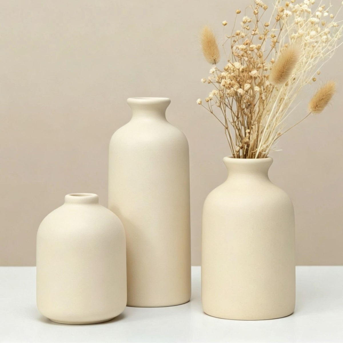 Small Beige Ceramic Vase Set of 3,Modern Boho Farmhouse Flowers Vases