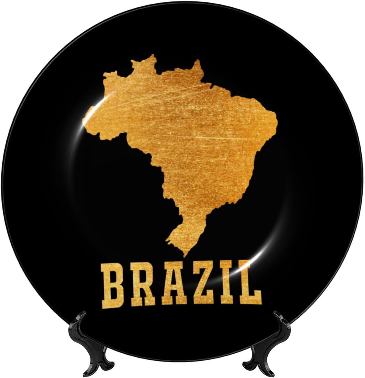 Bone China Decorative Plate with Display Stand, Brazil Brazilian Map Golden Emblem Round Ceramic Dinner Plate Art Crafts for Home Decor 7in